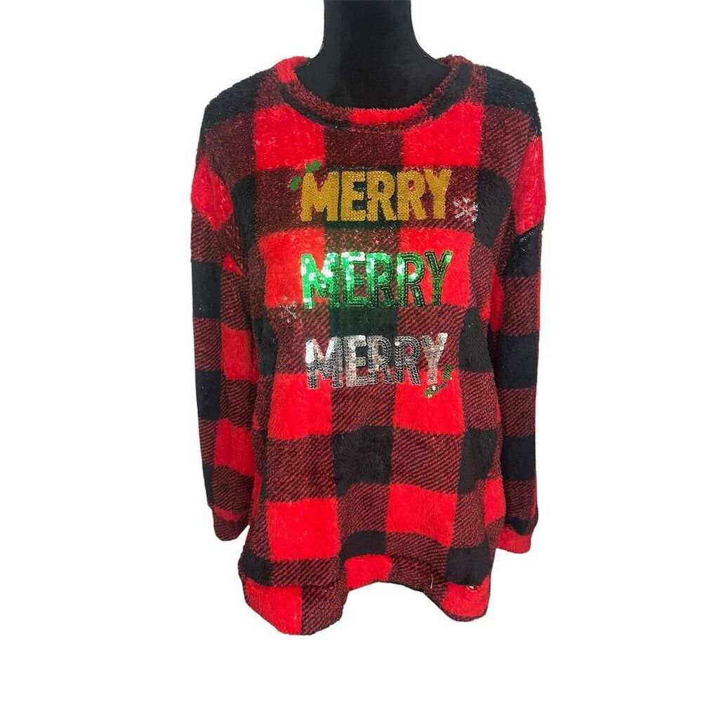 UGLY CHRISTMAS SWEATER PLAID SHERPA FUZZY SEQUIN‎ FESTIVE SWEATER WOMENS SIZE XL